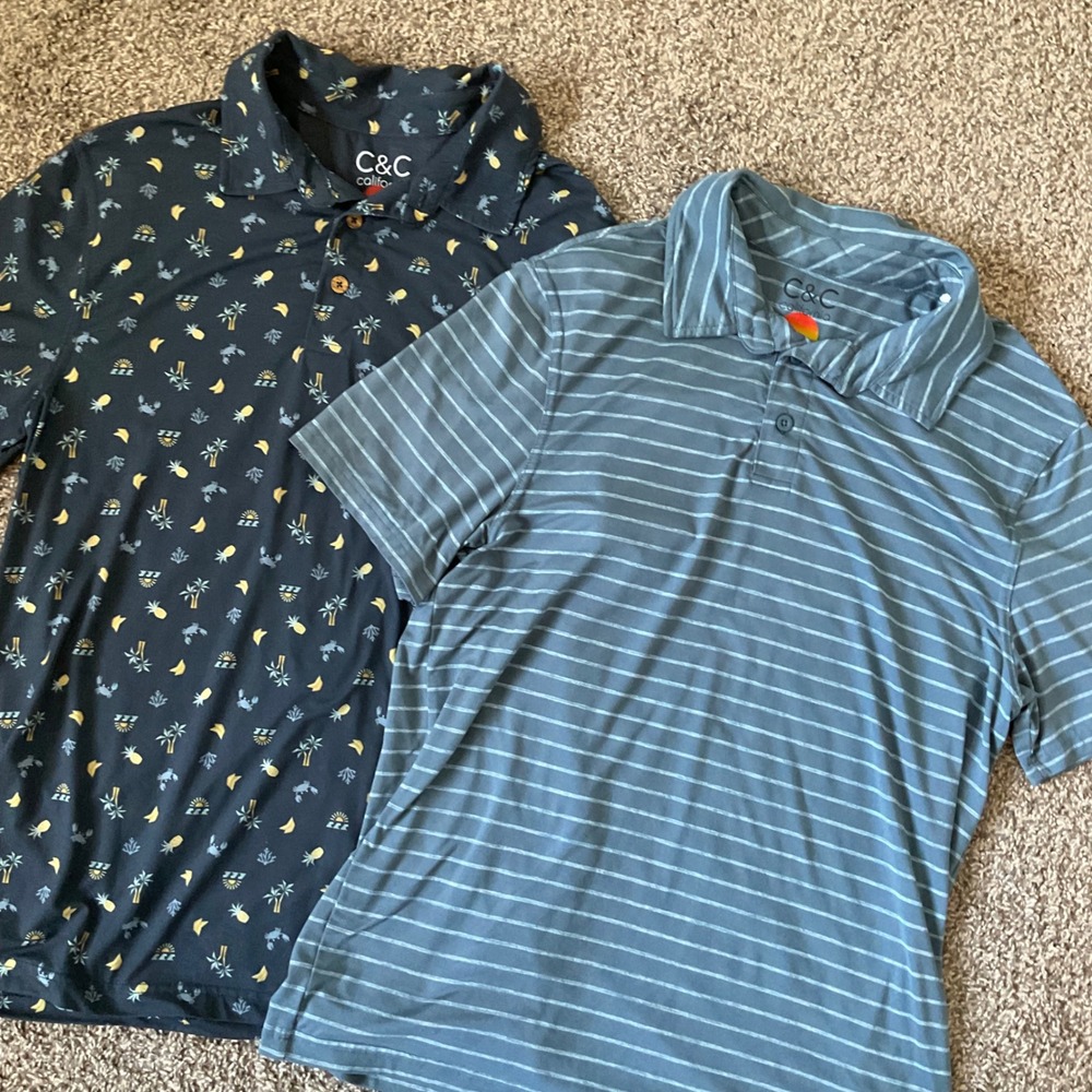Bundle 2 C&C California Polo Shirts Mens Medium Blue Stripe Crab Pineapple Palm